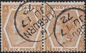 Queen Victoria: 1872-73 6d. Deep Chesnut Pair with Lisburn CDS. SG 122 (VFU)