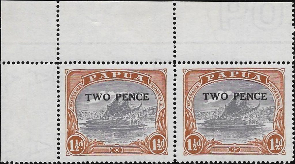Papua: 1931 2d. on 1½d. Cobalt & Light Brown Pair, One with 'POSTAGE' at Right. SG 121/121a (MNH)