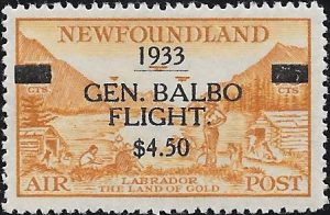 Newfoundland: 1933 $4.50 on 75c. Yellow-Brown Air Stamp. SG 235 (MLH)