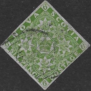 Nova Scotia: 1851-60 6d. Yellow-Green. SG 5 (FU)