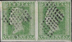 India: 1854 2a. Green Pair. SG 31 (FU)