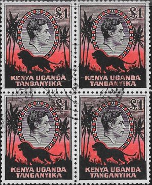 Kenya, Uganda & Tanganyika: 1954 £1 Black & Red Block of Four, Perf. 12½. SG 150b (FU)