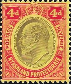 Nyasaland: 1908-11 4d. Black & Red/Yellow, Wmk Inverted. SG 76w (MLH)