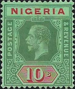 Nigeria: 1920 10s. Green & Red/Emerald (Pale Olive Back). SG 11c (MH)
