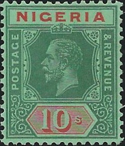 Nigeria: 1925 10s. Green & Red/Green, Die I. SG 29a (MLH)