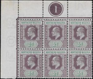 Northern Nigeria: 1902 ½d. Dull Purple & Green Block of Six, One with Damaged Frame & Crown. SG 10/10a (MNH)