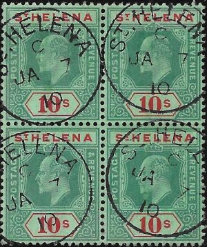 Saint Helena: 1908-11 10s. Green & Red/Green Block of Four. SG 70 (VFU)