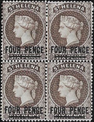 Saint Helena: 1894 4d. Sepia, Wmk Reversed, Block of Four. SG 43cx (MH) Lower Pair (MNH)