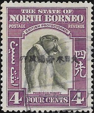 Japanese Occupation of North Borneo: 1942 4c. Bronze-Green & Violet, Black Overprint. SG J4a (FU)