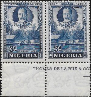 Nigeria: 1936 3d. Blue Marginal Pair, Perf. 12½ x 13½. SG 38a (MNH)