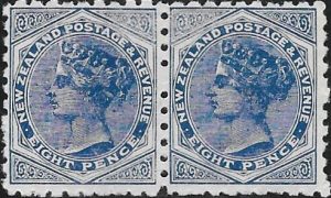 New Zealand: 1893 8d. Blue Pair (Brown-Purple Advert). SG 225 (MLH)