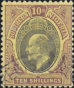 Southern Nigeria: 1903-04 10s. Grey-Black & Purple/Yellow. SG 19 (FU)