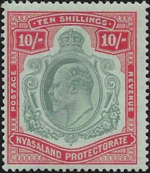Nyasaland: 1908-11 10s. Green & Red/Green. SG 80 (MH)