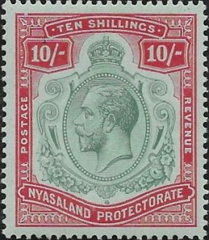 Nyasaland: 1913-21 10s. Pale Green & Deep Scarlet/Green. SG 96 (MLH)