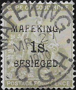 Cape of Good Hope: 1900 1s. on 4d. Sage-Green Mafeking Siege Stamp. SG 5 (FU)