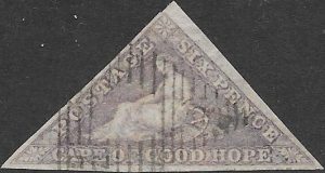 Cape of Good Hope: 1855-63 6d. Pale Rose-Lilac. SG 7 (FU)