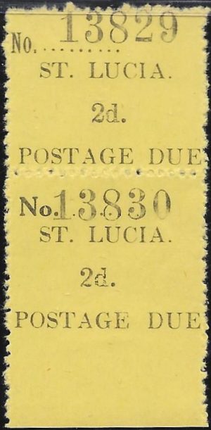 Saint Lucia: 1930 2d. Black/Yellow Postage Due Pair, One with Wide, Wrong Fount 'No.'. SG D2/D2b (Unused)