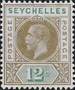 Seychelles: 1913 12c. Olive-Sepia & Dull Green with Split 'A'. SG 74a (MLH)