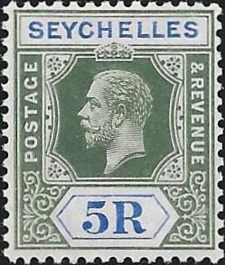 Seychelles: 1920 5r. Green & Blue. SG 97 (MLH)