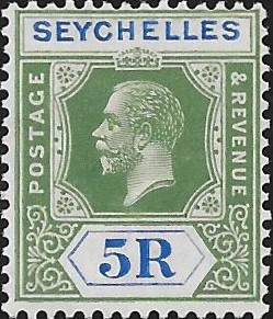 Seychelles: 1921-32 5r. Yellow-Green & Blue. SG 123 (MLH)