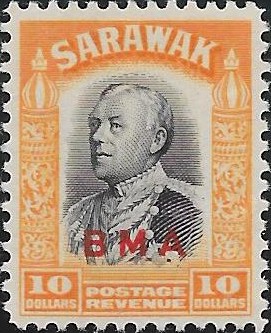 Sarawak: 1945 $10 Black & Yellow. SG 145 (MLH)