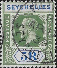 Seychelles: 1921-32 5r. Yellow-Green & Blue. SG 123 (FU)