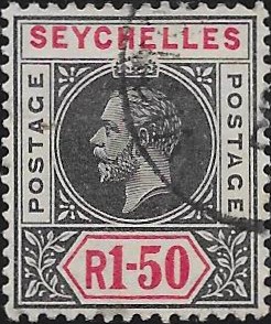 Seychelles: 1912-16 1r.50 Black & Carmine with Split 'A'. SG 80a (FU)