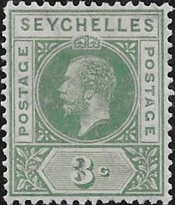 Seychelles: 1912-16 3c. Green with Split 'A'. SG 72a (MLH)