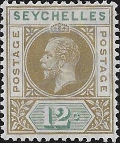 Seychelles: 1913 12c. Olive-Sepia & Dull Green with Split 'A'. SG 74a (MNH)