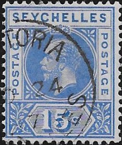 Seychelles: 1912-16 15c. Ultramarine with Split 'A'. SG 75a (FU)