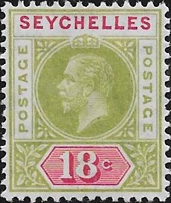 Seychelles: 1913 18c. Sea-Green & Carmine with Split 'A'. SG 76a (MLH)