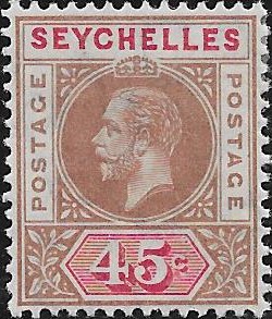 Seychelles: 1913 45c. Brown & Carmine with Split 'A'. SG 78a (MH)