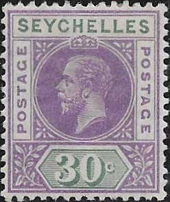 Seychelles: 1913 30c. Violet & Green with Split 'A'. SG 77a (MLH)