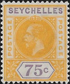 Seychelles: 1913 75c. Yellow & Violet with Split 'A'. SG 79a (MLH)