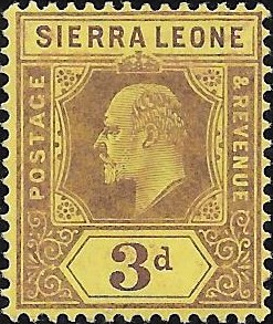 Sierra Leone: 1908 3d. Purple/Yellow with Damaged Frame & Crown. SG 104a (MLH)