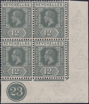 Seychelles: 1932 12c. Grey, Die I, Block of Four. SG 107a (MNH)