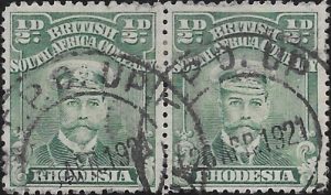 Rhodesia: 1913-19 ½d. Dull Blue-Green Pair, Perf. 14 x 15. SG 208a (FU)