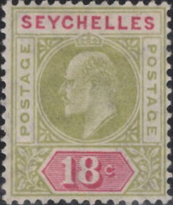 Seychelles: 1906 18c. Sage-Green & Carmine with Dented Frame. SG 65a (MH)