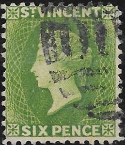 Saint Vincent: 1883-84 6d. Bright Green. SG 44 (FU)