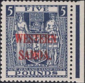 Western Samoa: 1935-42 £5 Indigo-Blue Postal Fiscal. SG 194 (MLH)