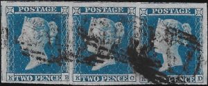 Queen Victoria: 1841 2d. Blue Strip of Three (KB-KD). SG 14 (VFU)