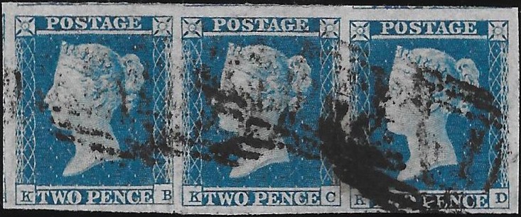 Queen Victoria: 1841 2d. Blue Strip of Three (KB-KD). SG 14 (VFU)