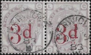 Queen Victoria: 1883 3d. on 3d. Lilac Pair. SG 159 (FU) with Berwick St CDS