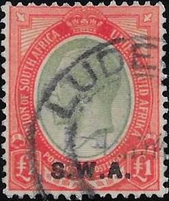 South West Africa: 1927-30 £1 Pale Olive-Green & Red. SG 57 (FU)