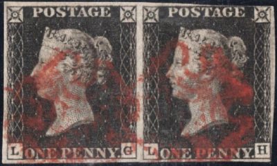 Queen Victoria: 1840 1d. Black Pair (LG-LH), Plate 7. SG 2 (FU)