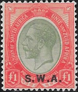 South West Africa: 1927-30 £1 Pale Olive-Green & Red. SG 57 (MLH)