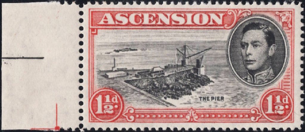 Ascension: 1949 1½d. Black & Vermillion, Perf. 14 with Davit Flaw. SG 40ca (MNH)
