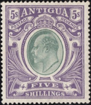Antigua: 1903-07 5s. Grey-Green & Violet, Chalk-Surfaced Paper. SG 40b (MLH)