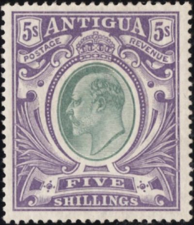 Antigua: 1903-07 5s. Grey-Green & Violet, Chalk-Surfaced Paper. SG 40b (MLH)