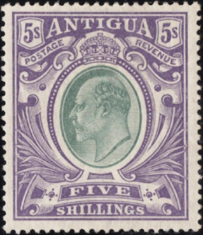 Antigua: 1903-07 5s. Grey-Green & Violet, Chalk-Surfaced Paper. SG 40b (MLH)